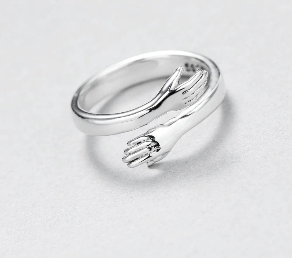 Novelty Love Hug Charms Open Band Adjustable Ring for Men Women 925 Sterling Silver