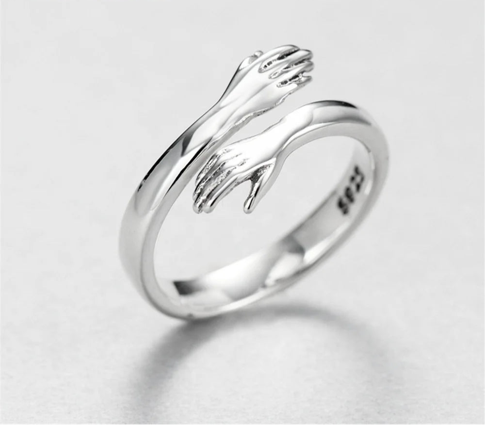 Novelty Love Hug Charms Open Band Adjustable Ring for Men Women 925 Sterling Silver