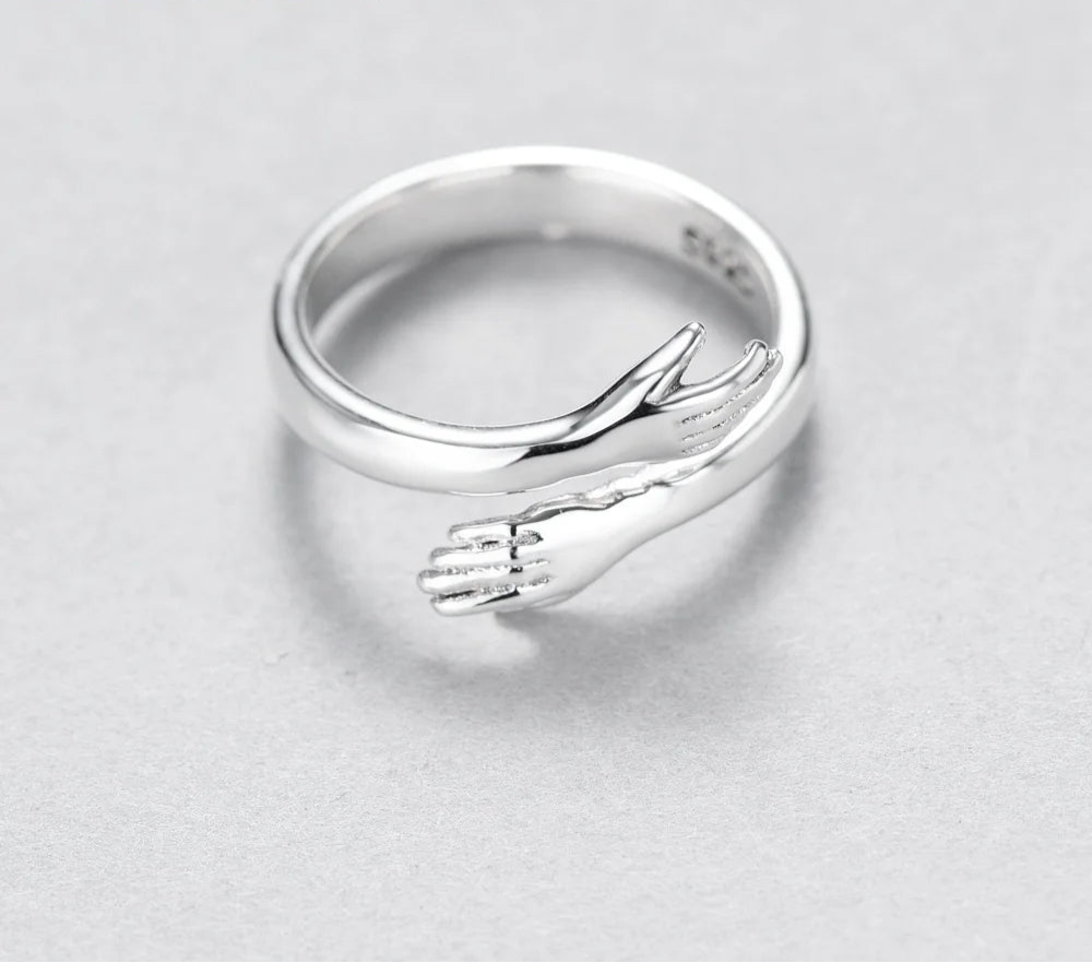 Novelty Love Hug Charms Open Band Adjustable Ring for Men Women 925 Sterling Silver