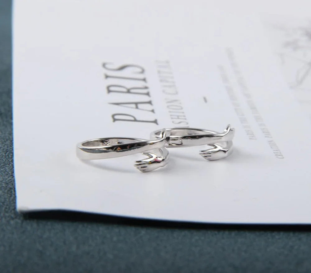Novelty Love Hug Charms Open Band Adjustable Ring for Men Women 925 Sterling Silver