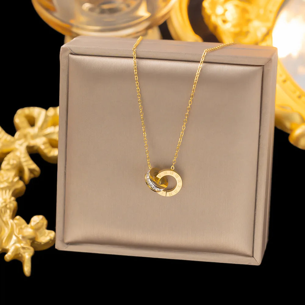 18K Gold Plated Stainless Steel Interlocking Circles Infinity Style Roman Numbers