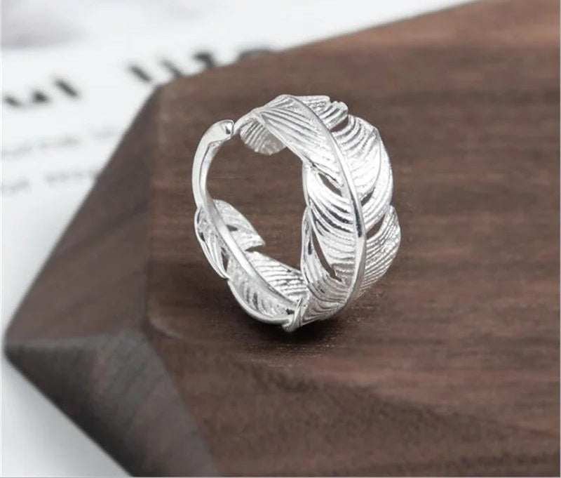 Retro High Quality 925 Sterling Silver Jewelry Original S925 Not Allergic Personality Feathers Opening Rings Adjustable Size