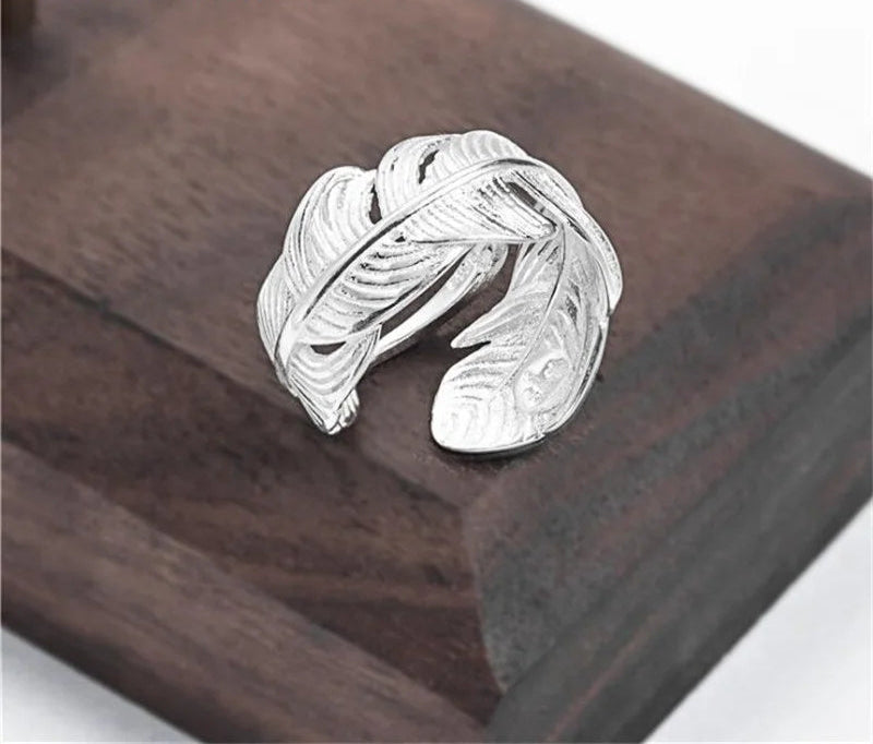 Retro High Quality 925 Sterling Silver Jewelry Original S925 Not Allergic Personality Feathers Opening Rings Adjustable Size